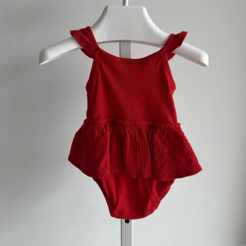 Tommy Hilfiger Baby Red Ruffle Bodysuit Dress Heart Logo 0-3M USA Preppy Classic